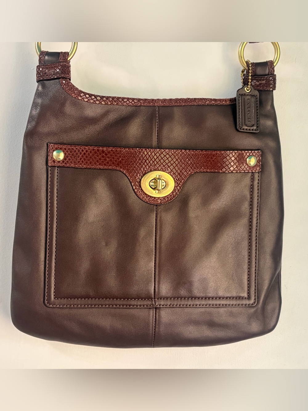 Coach Penelope F16533 Brown Leather Snake Embossed Turnlock Crossbody Bag
